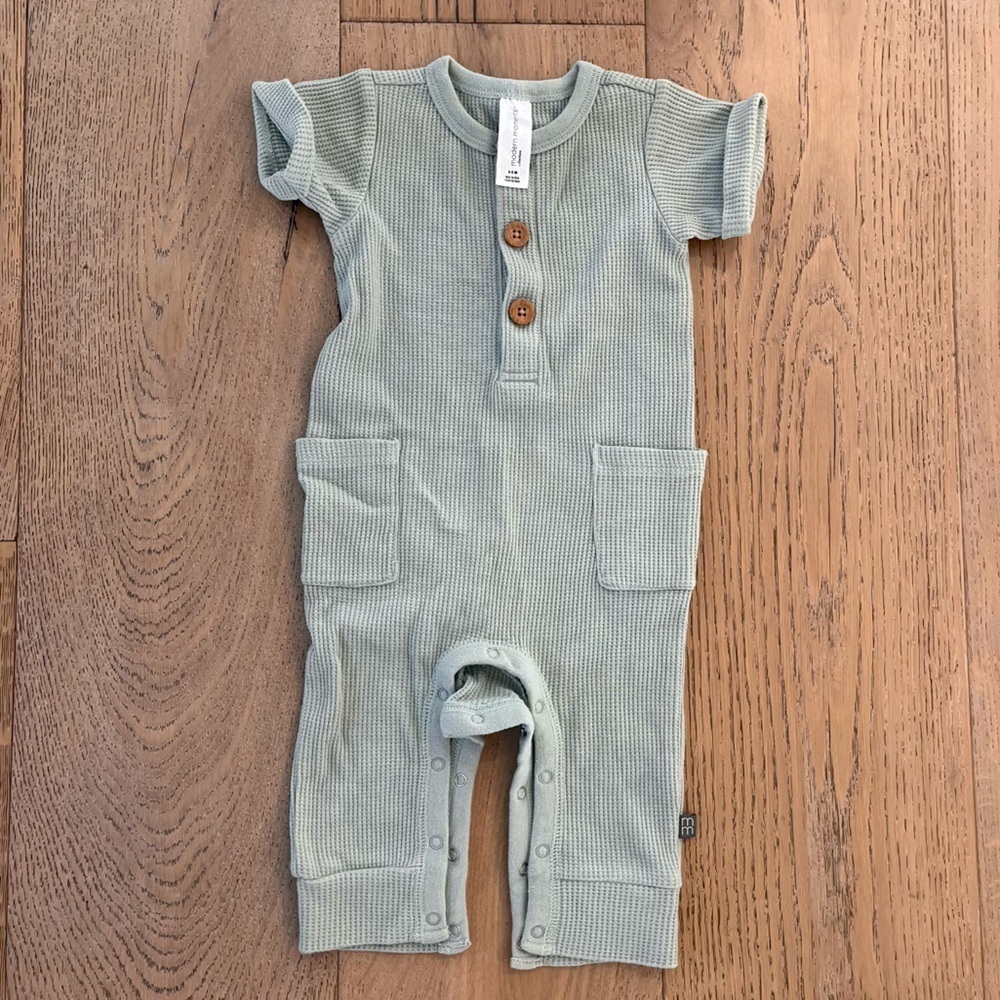 Modern Moments Waffle Knit One Piece Romper Button Neutral Sage Green 6-9 months
